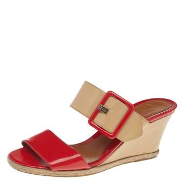 Pre Owned Fendi Orange-Beige Patent Leather Buckle Strap Wedge Espadrille Sandals Size 39
