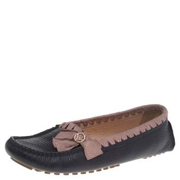 Pre Owned  Fendi Black/Pink Leather And Fabric Bow Slip On Loafers Size 41
