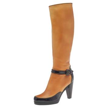 Pre Owned Fendi Tan/ Black Leather Buckle Knee Length Boots Size 38.5