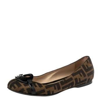 Pre Owned Fendi Brown Tobacco Zucca Canvas Ballet Flat Size 37