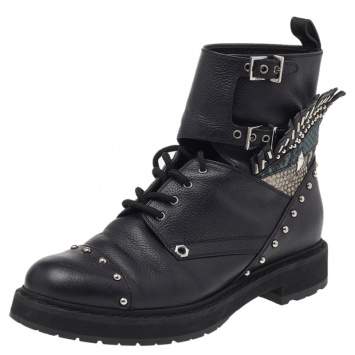 Pre Owned Fendi Black Leather Embellished Buckle Strap Ankle Boots Size 37