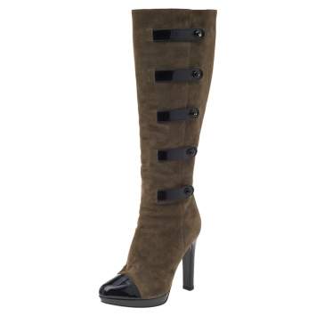 Pre Owned Fendi Brown/Black Patent Leather Knee Length Boots Size 38.5
