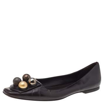 Pre Owned Fendi Dark Brown Leather Embellished Ballet Flats Size 39