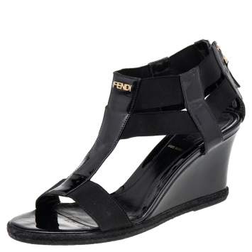 Pre Owned Fendi Black Patent Leather And Elastic T-Strap Espadrille Wedge Sandals Size 37 