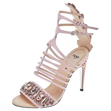 Pre Owned Fendi Pink Leather Crocodile Crystal Embellished Cage Ankle Strap Sandals Size 38