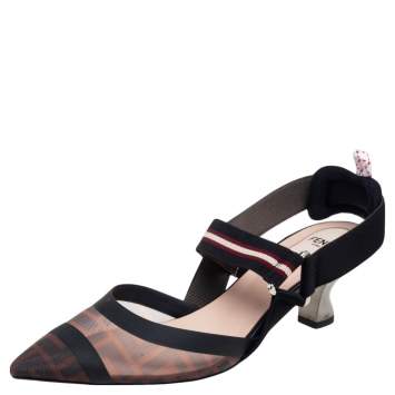 Pre Owned Fendi Black/Tobacco Zucca Mesh Colibri Slingback Pumps Size 38