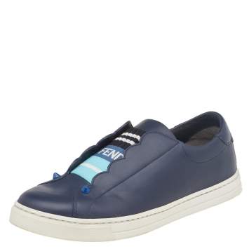 Pre Owned Fendi Blue Leather Rockoko Slip On Sneakers Size 37