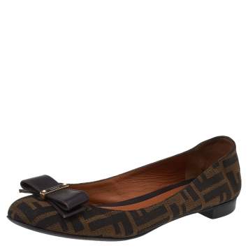Pre Owned Fendi Brown FF Canvas And Leather Bow Ballet Flats Size 38