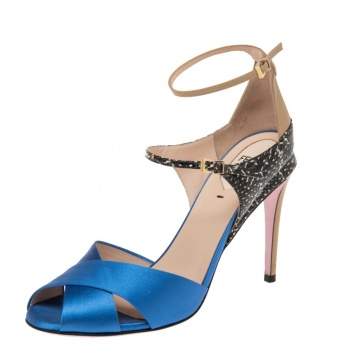 Pre Owned Fendi Multicolor Python Embossed Leather And Satin Ankle Strap Sandals Size 39.5