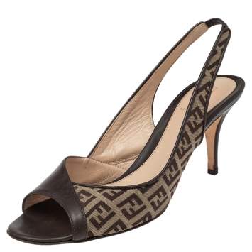 Pre Owned Fendi Brown Leather And FF Canvas Slingback Sandals Size 39