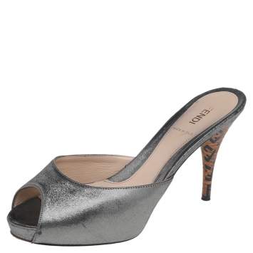 Pre Owned Fendi Metallic Grey Leather Platform Slide Sandals Size 38