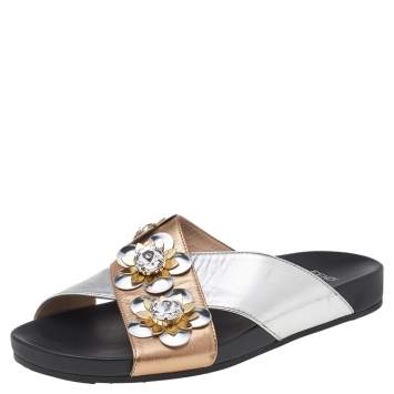 Pre Owned Fendi Silver/Gold Leather Criss Cross Flowerland Flat Slides Size 37.5