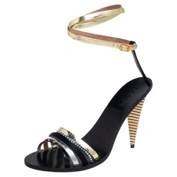 Pre Owned Fendi Black  Leather And Satin Strappy Ankle Strap Sandals Size 41
