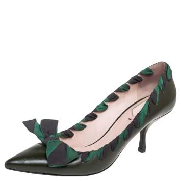 Pre Owned Fendi Green Leather And Woven Fabric Bow Pointed Toe Pumps Size 39