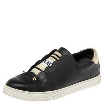 Pre Owned Fendi Black Logo Knit and Leather Rockoclick Slip On Sneakers Size 38