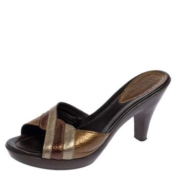 Pre Owned Fendi Metallic Textured Leather Open Toe Wooden Platform Slides Size 39.5