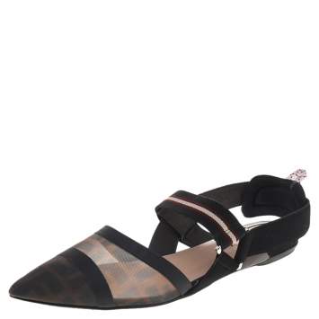 Pre Owned Fendi Brown/Black FF Mesh And Leather Colibri Slingback Flat Sandals Size 40