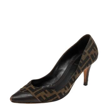 Pre Owned Fendi Brown/Tobacco Canvas And Leather Pointed Toe Pumps Size 41