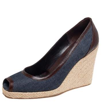 Pre Owned Fendi Grey/Brown Canvas And Leather Bow Espadrille Wedge Platform Pump Size 39