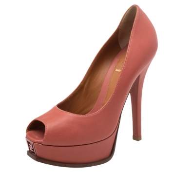 Pre Owned Fendi Coral Pink Leather Fendista Peep Toe Platform Pumps Size 38.5