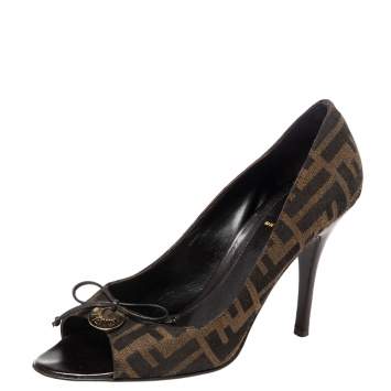 Pre Owned Fendi Brown Zucca Canvas Bow Peep Toe Pumps Size 38.5