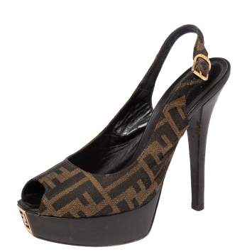 Pre Owned Fendi Tobacco Zucca Canvas Fendista Platform Slingback Sandals Size 40.5