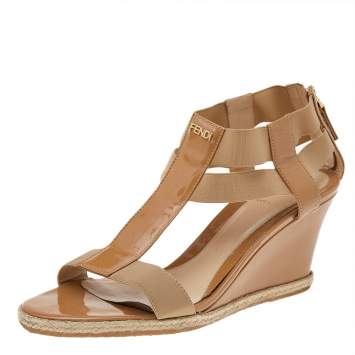 Pre Owned Fendi Beige Patent Leather And Elastic Fabric Carioca Wedge Espadrille Sandals Size 40
