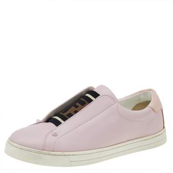 Pre Owned Fendi Pink Leather And Cotton Knit Logo Slip On Sneakers Size 37 