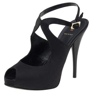 Pre Owned Fendi Black Satin Peep Toe Platform Ankle Strap Sandals Size 38