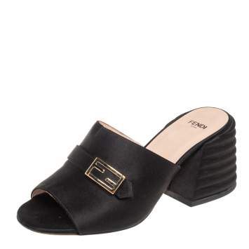 Pre Owned Fendi Black Satin Open Toe Slide Sandals Size 37