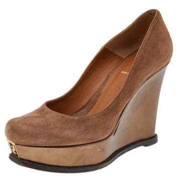 Pre Owned Fendi Brown Suede Platform Wedge Pumps Size 38