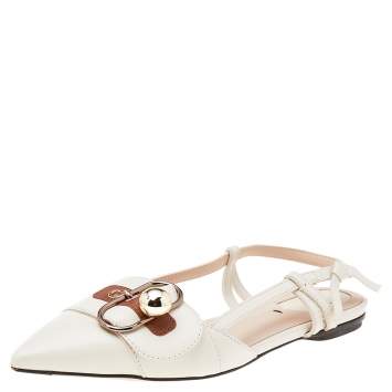 Pre Owned Fendi White Leather Buckle Strap Slingback Pointed Sandals Size 38