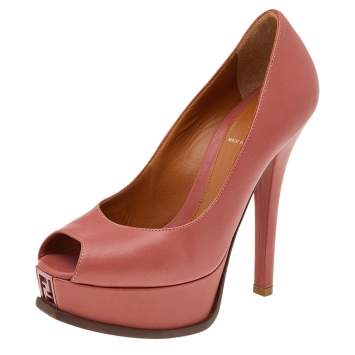 Pre Owned Fendi Coral Pink Leather Fendista Peep Toe Platform Pumps Size 36