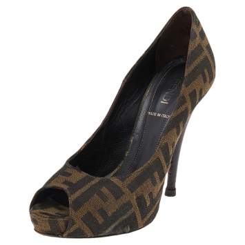 Pre Owned Fendi Brown Zucca Canvas Peep Toe Pumps Size 35.5