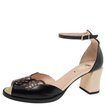 Pre Owned Fendi Black Laser Cut Leather Ankle-Wrap Chameleon Sandals Size 37.5