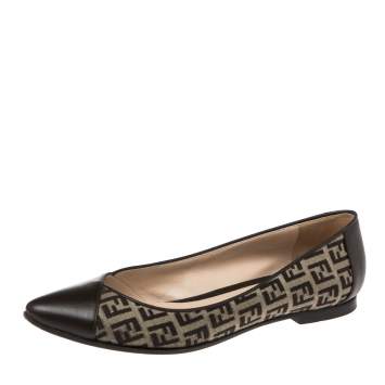 Pre Owned Fendi Brown Zucchino Leather and Canvas Ballet Flats Size 38