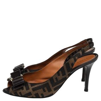Pre Owned Fendi Brown Zucca Canvas And Leather Bow Peep Toe Slingback Sandals Size 38