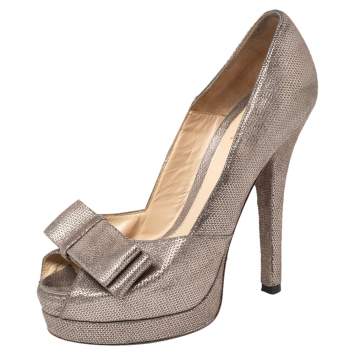 Pre Owned Fendi Silver Foil And Grey Suede Bow Open Toe Platform Pumps Size 36