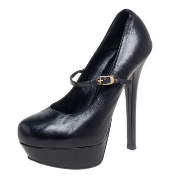 Pre Owned Fendi Black Leather Mary Jane Platform Pumps Size 38.5
