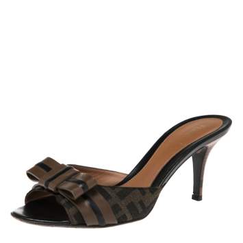 Pre Owned Fendi Tobacco Zucca Canvas and Leather Bow Side Sandals Size 37.5