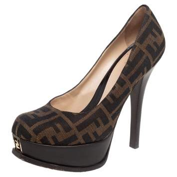 Pre Owned Fendi Tobacco Zucca Canvas Fendista Platform Pumps Size 38