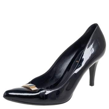 Pre Owned Fendi Black Patent Leather Logo Pointed Toe Pumps Size 39