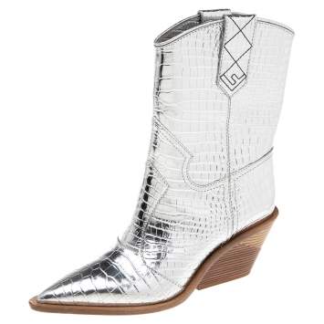 مملوكة مسبقًا Fendi Metallic Silver Croc Embossed Leather Cowboy Ankle Boots Size 40