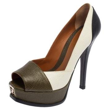 Pre Owned Fendi White-Green Lizard Leather Fendista Peep Toe Platform Pumps Size 37