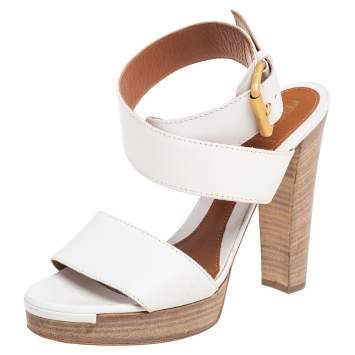 Pre Owned Fendi White Leather Cross Ankle Strap Platform Sandals Size 38
