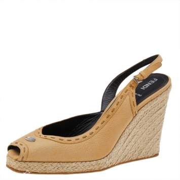 Pre Owned Fendi Yellow Leather Peep Toe Espadrille Wedge Slingback Sandals Size 41