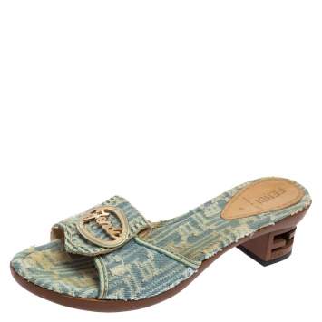 Pre Owned Fendi Blue Denim Block Heel Slide Sandals Size 38.5