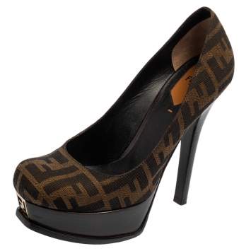 Pre Owned Fendi Tobacco Zucca Canvas Fendista Platform Pumps Size 38