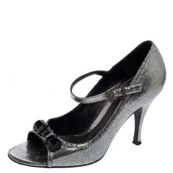 Pre Owned Fendi Metallic Grey Laminated Leather Embellished Strap Open Toe Pumps Size 38.5