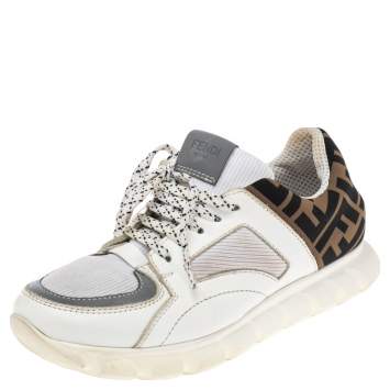 Pre Owned Fendi White/Brown Leather And Fabric Low Top Sneakers Size 38